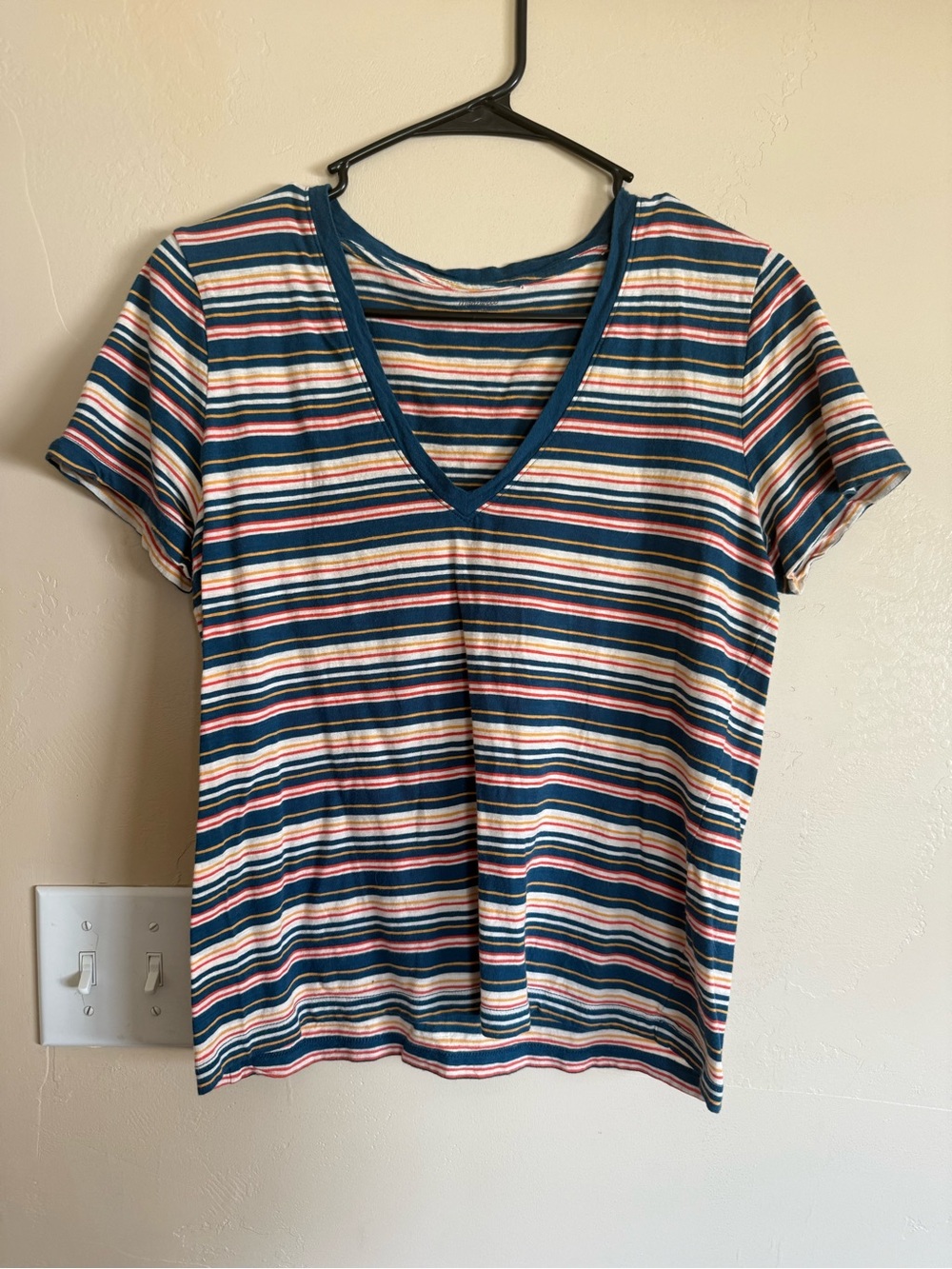 Madewell Striped V-Neck Tee in Teal, Pink, Navy & Cream